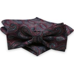 Bordowo-Granatowa Mucha Męska -ALTIES- z Taką Samą Poszetką, Wzór Paisley MUALTS0521. Czerwone muszki męskie Alties, na imprezę, w paski, eleganckie. Za 40,00 zł.