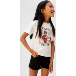 Mango Kids - T-shirt dziecięcy Good 110-152 cm. Białe bluzki dziewczęce Mango Kids, z nadrukiem, z bawełny, z okrągłym kołnierzem, z krótkim rękawem, krótkie, bez kaptura. Za 49,90 zł.