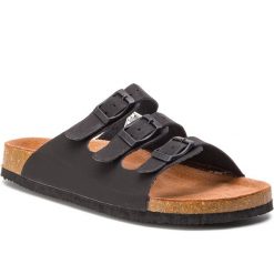 Klapki BIG STAR - DD274139 Black. Czarne klapki damskie BIG STAR, bez wzorów, ze skóry ekologicznej, bez obcasa. W wyprzedaży za 79,00 zł.
