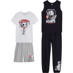 Top, shirt, krótkie spodnie, spodnie (4 części) bonprix czarno-biało-jasnoszary melanż. Czarne t-shirty chłopięce bonprix, z nadrukiem, z dresówki. Za 44,99 zł.