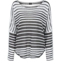 Sweter bonprix brunatno-biały w paski. Brązowe swetry klasyczne damskie bonprix, na lato, z koronki. Za 109,99 zł.