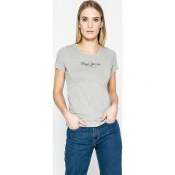 Pepe Jeans - Top New Virginia. Szare bluzki damskie Pepe Jeans, s, z nadrukiem, z elastanu, z okrągłym kołnierzem, z krótkim rękawem. Za 99,90 zł.