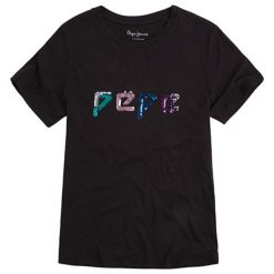 T-shirt w kolorze czarnym. Czarne t-shirty damskie Pepe Jeans, Mexx, Pierre Cardin, s, bez wzorów, z okrągłym kołnierzem. W wyprzedaży za 74,95 zł.