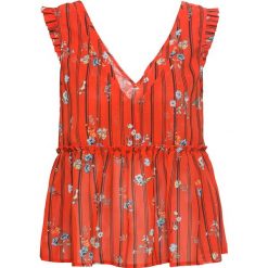 Bluzka shirtowa bonprix głęboki pomarańczowy z nadrukiem. Pomarańczowe koszulki damskie bonprix, z nadrukiem, z dekoltem w serek, bez rękawów. Za 69,99 zł.