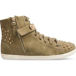 Zielone Wysokie Trampki Z Ćwiekami G911 Khaki. Zielone trampki i tenisówki damskie ButyModne, bez wzorów, ze skóry, bez zapięcia. Za 79,00 zł.
