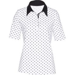 Shirt polo bonprix biało-czarny. Białe koszulki damskie bonprix, z nadrukiem, klasyczne, polo, bez rękawów. Za 54,99 zł.