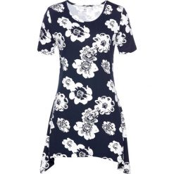 Shirt z dłuższymi bokami bonprix ciemnoniebiesko-biały. Niebieskie koszulki damskie marki bonprix, z aplikacjami, z okrągłym kołnierzem. Za 74,99 zł.