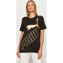 Puma - T-shirt. Czarne bluzki damskie Puma, s, z nadrukiem, z elastanu, casualowe, z okrągłym kołnierzem, z krótkim rękawem. Za 99,90 zł.