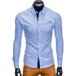 KOSZULA MĘSKA Z DŁUGIM RĘKAWEM K412 - BŁĘKITNA. Niebieskie koszule męskie na spinki Ombre Clothing, m, z dzianiny, z kontrastowym kołnierzykiem, z długim rękawem. Za 69,00 zł.