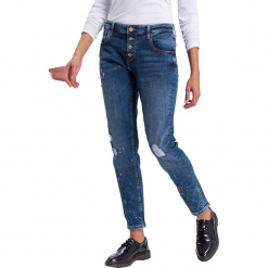 Dżinsy "Gwen" - Loose fit - w kolorze niebieskim ze wzorem. Niebieskie spodnie z wysokim stanem marki Cross Jeans, z aplikacjami. W wyprzedaży za 136,95 zł.