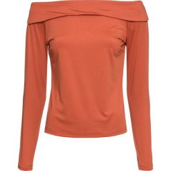 Shirt z dekoltem carmen bonprix czerwony kwarcowy. Pomarańczowe koszulki damskie bonprix, bez wzorów, bez kołnierzyka, bez rękawów. Za 34,99 zł.
