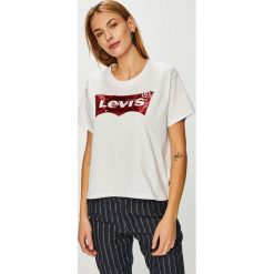 Levi's - Top. Białe bluzki damskie Levi's®, s, z nadrukiem, z bawełny, z okrągłym kołnierzem. W wyprzedaży za 99,90 zł.
