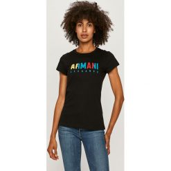 Armani Exchange - T-shirt. Czarne bluzki damskie Armani Exchange, s, z nadrukiem, z bawełny, casualowe, z okrągłym kołnierzem. Za 219,90 zł.