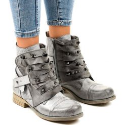 Szare botki damskie zdobione z suwakiem F1611. Szare botki damskie ButyModne, na jesień, eleganckie, bez obcasa, bez zapięcia. Za 85,67 zł.
