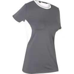 Shirt sportowy z siatkowymi wstawkami, krótki rękaw bonprix szaro-kremowy. Szare bluzki sportowe damskie bonprix, bez wzorów, bez kołnierzyka, z krótkim rękawem, krótkie, bez kaptura. Za 29,99 zł.