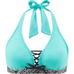 Biustonosz bikini z ramiączkami wiązanymi na szyi bonprix turkusowy. Niebieskie stroje kąpielowe damskie bonprix, bez wzorów. Za 44,99 zł.