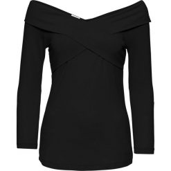Shirt z dżerseju z założeniem kopertowym, rękawy 3/4 bonprix czarny. Czarne koszulki damskie bonprix, bez wzorów, z dżerseju, bez kołnierzyka, bez rękawów. Za 54,99 zł.