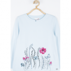 Koszulka. Niebieskie bluzki dziewczęce bawełniane HEART SMILE, z aplikacjami, z długim rękawem. Za 55,90 zł.