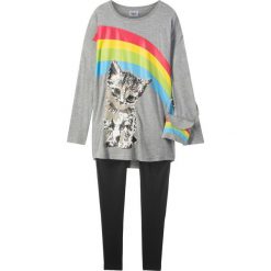 Długi shirt + legginsy + torebka na ramię (3 części) bonprix jasnoszary melanż + czarny. Szare legginsy dziewczęce marki bonprix, z nadrukiem, długie. Za 37,99 zł.