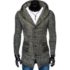 SWETER MĘSKI ROZPINANY Z KAPTUREM E118 - KHAKI. Brązowe kardigany damskie marki Inny, s, z poliakrylu, z kapturem. Za 49,00 zł.