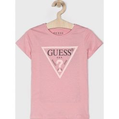 Guess Jeans - T-shirt dziecięcy 118-175 cm. Żółte bluzki dziewczęce Guess Jeans, z nadrukiem, z bawełny, z okrągłym kołnierzem, z krótkim rękawem, krótkie, bez kaptura. Za 79,90 zł.