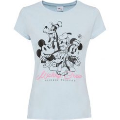 T-shirt z nadrukiem Myszki Miki bonprix lodowy niebieski z nadrukiem. Niebieskie koszulki damskie bonprix, z nadrukiem, z bawełny, bez kołnierzyka, bez rękawów. Za 59,99 zł.