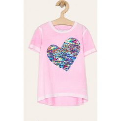 Desigual - T-shirt dziecięcy 104-164 cm. Różowe bluzki dziewczęce Desigual, z aplikacjami, z bawełny, z okrągłym kołnierzem, z krótkim rękawem, krótkie, bez kaptura. Za 149,90 zł.