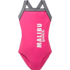 Kostium kąpielowy dziewczęcy bonprix ciemnoróżowy z nadrukiem. Różowe stroje kąpielowe dziewczęce bonprix, w paski. Za 44,99 zł.