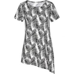 Shirt z dłuższym bokiem bonprix biało-czarny. Białe koszulki damskie bonprix, bez wzorów, z asymetrycznym kołnierzem, bez rękawów. Za 69,99 zł.