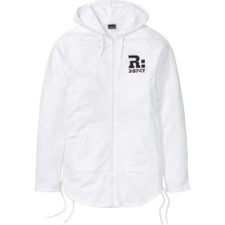 Długa bluza rozpinana z kapturem bonprix biały. Białe bluzy męskie bonprix, xl, z nadrukiem, z kapturem, z długim rękawem, długie, z kapturem. Za 79,99 zł.