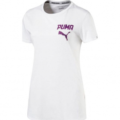 Koszulka w kolorze białym. Białe t-shirty damskie Puma, xs, z nadrukiem, z okrągłym kołnierzem. W wyprzedaży za 68,95 zł.