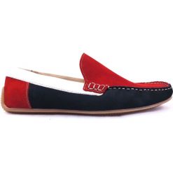 Czerwono-biało-granatowe mokasyny T57. Czerwone buty wizytowe męskie na lato, ze skóry. Za 225,00 zł.