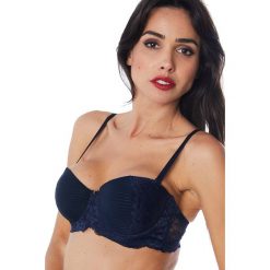 Biustonosz-balkonetka "India" w kolorze granatowym. Niebieskie biustonosze Audace, w koronkowe wzory, z koronki. W wyprzedaży za 49,95 zł.