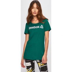 Reebok - T-shirt. Topy damskie Reebok, s, z nadrukiem, z bawełny, z okrągłym kołnierzem. Za 69,90 zł.