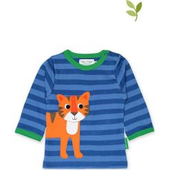 Koszulka w kolorze niebieskim. Niebieskie bluzki dziewczęce bawełniane Toby Tiger, w paski, z okrągłym kołnierzem, z długim rękawem. W wyprzedaży za 85,95 zł.