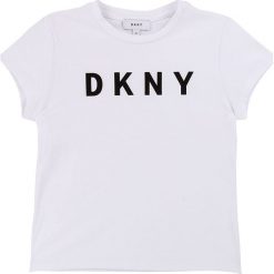 Dkny - T-shirt dziecięcy 110-146 cm. Czarne bluzki dziewczęce DKNY, z nadrukiem, z elastanu, z okrągłym kołnierzem, z krótkim rękawem, krótkie, bez kaptura. Za 149,90 zł.