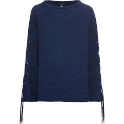 Sweter ze sznurowaniem na rękawach bonprix niebieski. Niebieskie swetry klasyczne damskie bonprix, ze sznurowanym dekoltem. Za 99,99 zł.