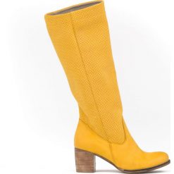 Dziurkowane kozaki na słupku - skóra naturalna - model 155 - kolor żółty. Żółte kozaki damskie Zapato, do pracy, na lato, ze skóry, biznesowe, na wysokim obcasie, na obcasie, bez zapięcia. W wyprzedaży za 391,20 zł.