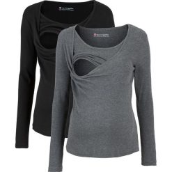 Shirt ciążowy i do karmienia, w prążek, długi rękaw (2 szt.) bonprix czarny + szary melanż. Czarne koszulki damskie bonprix, bez wzorów, bez kołnierzyka. Za 99,98 zł.