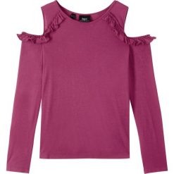 Shirt z długim rękawem i falbanami bonprix jeżynowy. Fioletowe bluzki dziewczęce bonprix, bez wzorów, z bawełny, bez kołnierzyka, z długim rękawem, długie, bez kaptura. Za 34,99 zł.