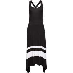 Sukienka letnia bonprix czarno-biały. Czarne sukienki damskie bonprix, na lato, bez wzorów, eleganckie, z asymetrycznym kołnierzem, bez rękawów, asymetryczne. Za 109,99 zł.