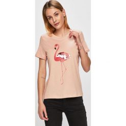 Vero Moda - Top. Różowe bluzki damskie Vero Moda, s, z nadrukiem, z bawełny, z okrągłym kołnierzem, z krótkim rękawem. W wyprzedaży za 49,90 zł.