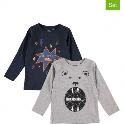 Koszulki (2 szt.) w kolorze granatowym i szarym. Niebieskie t-shirty chłopięce z długim rękawem Name it Kids, z bawełny. W wyprzedaży za 42,95 zł.