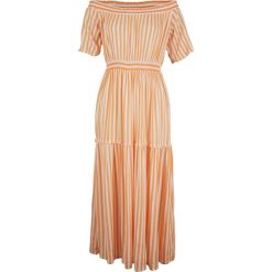Sukienka "carmen" bonprix biało-morelowy. Białe sukienki damskie bonprix, bez wzorów, z wiskozy, bez kołnierzyka, bez rękawów. Za 54,99 zł.