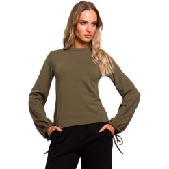 Bluzka z bufiastymi rękawami i wiązaniem - khaki. Brązowe bluzki damskie Moe, s, bez wzorów, z elastanu, bez kołnierzyka, bez rękawów. W wyprzedaży za 125,00 zł.