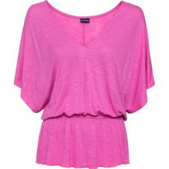 Shirt z falbaną bonprix jasny fuksja. Różowe koszulki damskie bonprix, bez wzorów, z dekoltem w serek, bez rękawów. Za 49,99 zł.