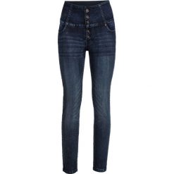 Dżinsy SKINNY z wysoką talią bonprix ciemnoniebieski "stone". Niebieskie jeansy damskie bonprix. Za 129,99 zł.