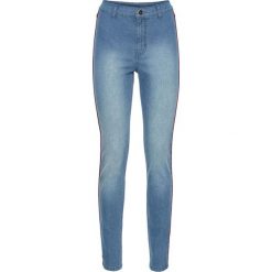 Dżinsy SKINNY z wysoką talią i kontrastowymi paskami bonprix niebieski "bleached". Niebieskie jeansy damskie skinny bonprix, w paski, z jeansu. Za 74,99 zł.