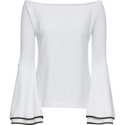 Shirt z odkrytymi ramionami bonprix biało-czarny. Białe koszulki damskie marki bonprix, bez wzorów, biznesowe, bez kołnierzyka, bez rękawów. Za 74,99 zł.