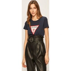 Guess Jeans - T-shirt. Żółte bluzki damskie Guess Jeans, s, z nadrukiem, z bawełny, z okrągłym kołnierzem. W wyprzedaży za 99,90 zł.